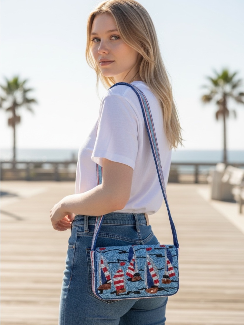 NWT Viral Beaded Shoulder Bag Sailboats Ocean Coastal Nautical Summer Fashion
